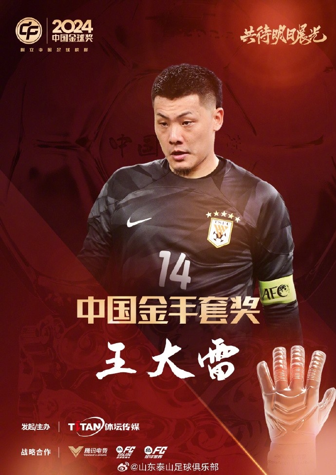  王大雷榮獲中國金手套獎，謝文能入選中國金球獎候選人前三名