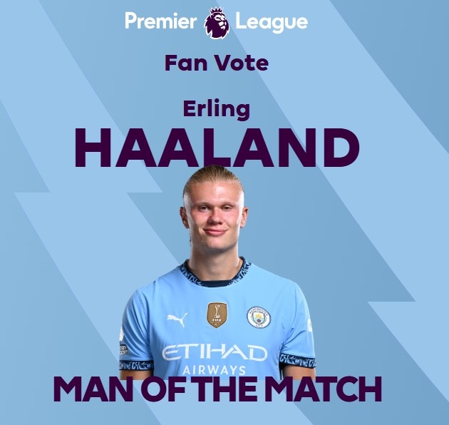  打進致勝球！英超官方：哈蘭德當(dāng)選曼城1-0熱刺全場最佳球員