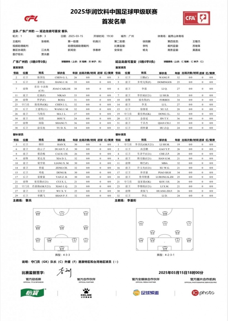  廣州豹vs延邊龍鼎首發(fā)：卡洛斯、羅薩、尼康三外援領銜廣州豹