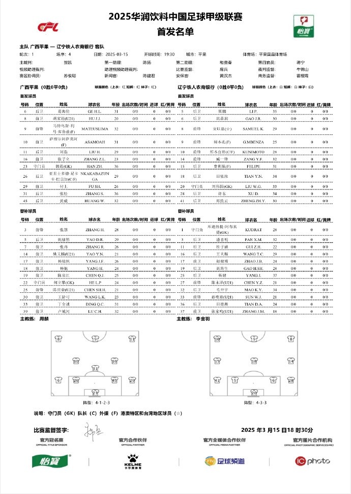  中甲-廣西平果vs遼寧鐵人首發(fā)：三外援對決三外援，安以恩出戰(zhàn)