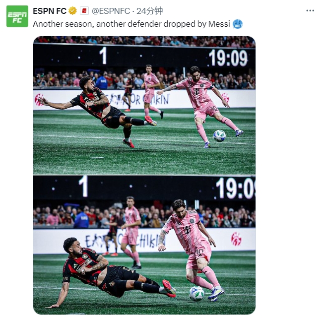  名場(chǎng)面記錄！ESPN曬照：又一個(gè)賽季，又一名后衛(wèi)被梅西扣倒